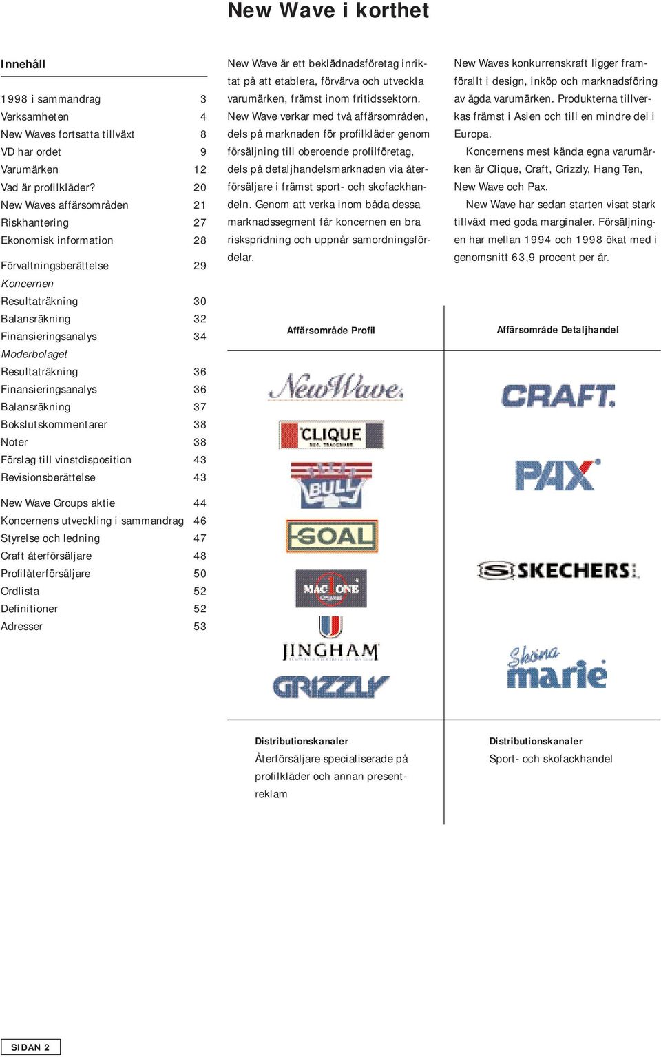 Finansieringsanalys 36 Balansräkning 37 Bokslutskommentarer 38 Noter 38 Förslag till vinstdisposition 43 Revisionsberättelse 43 New Wave Groups aktie 44 Koncernens utveckling i sammandrag 46 Styrelse