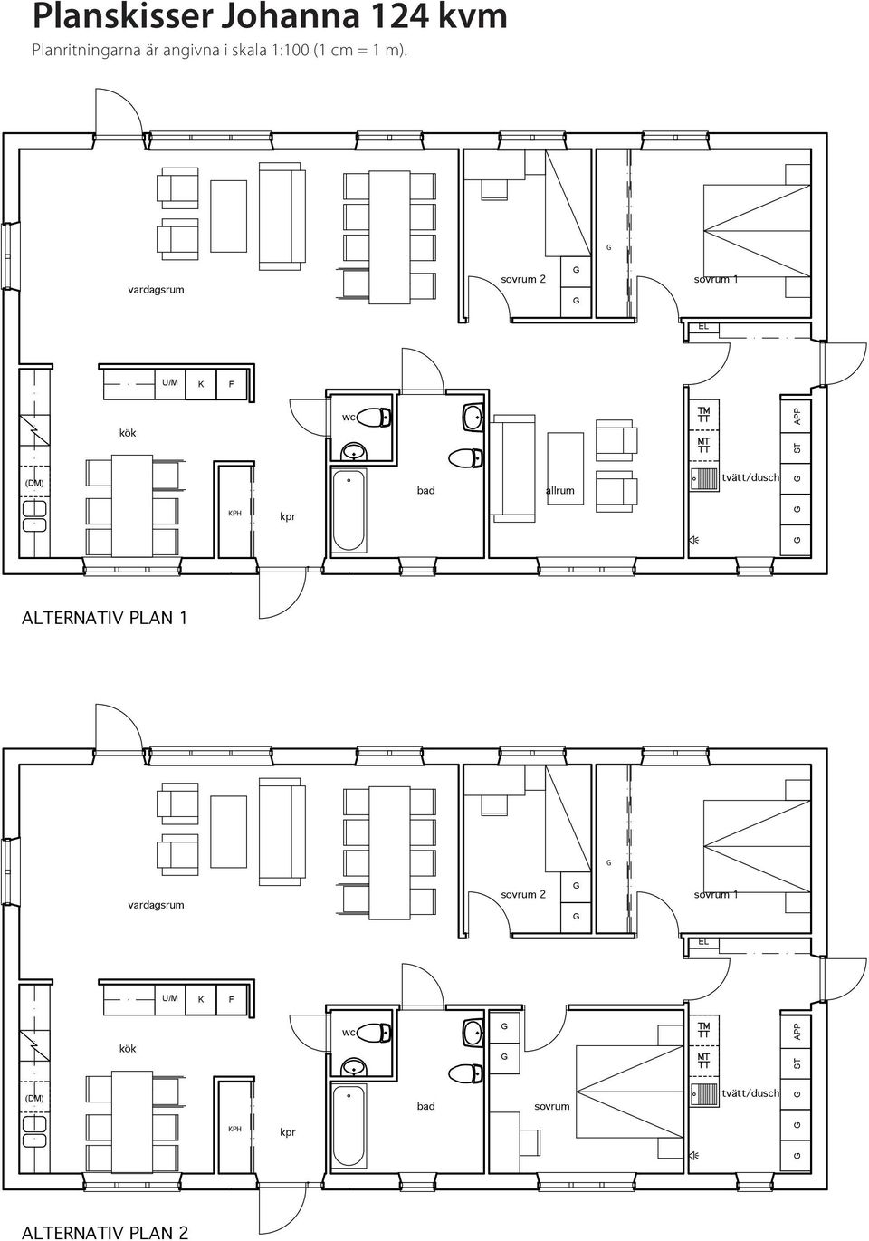 vardagsrum sovrum 2 sovrum 1 EL U/M K F kök wc ST APP (DM) bad allrum tvätt/dusch KPH kpr