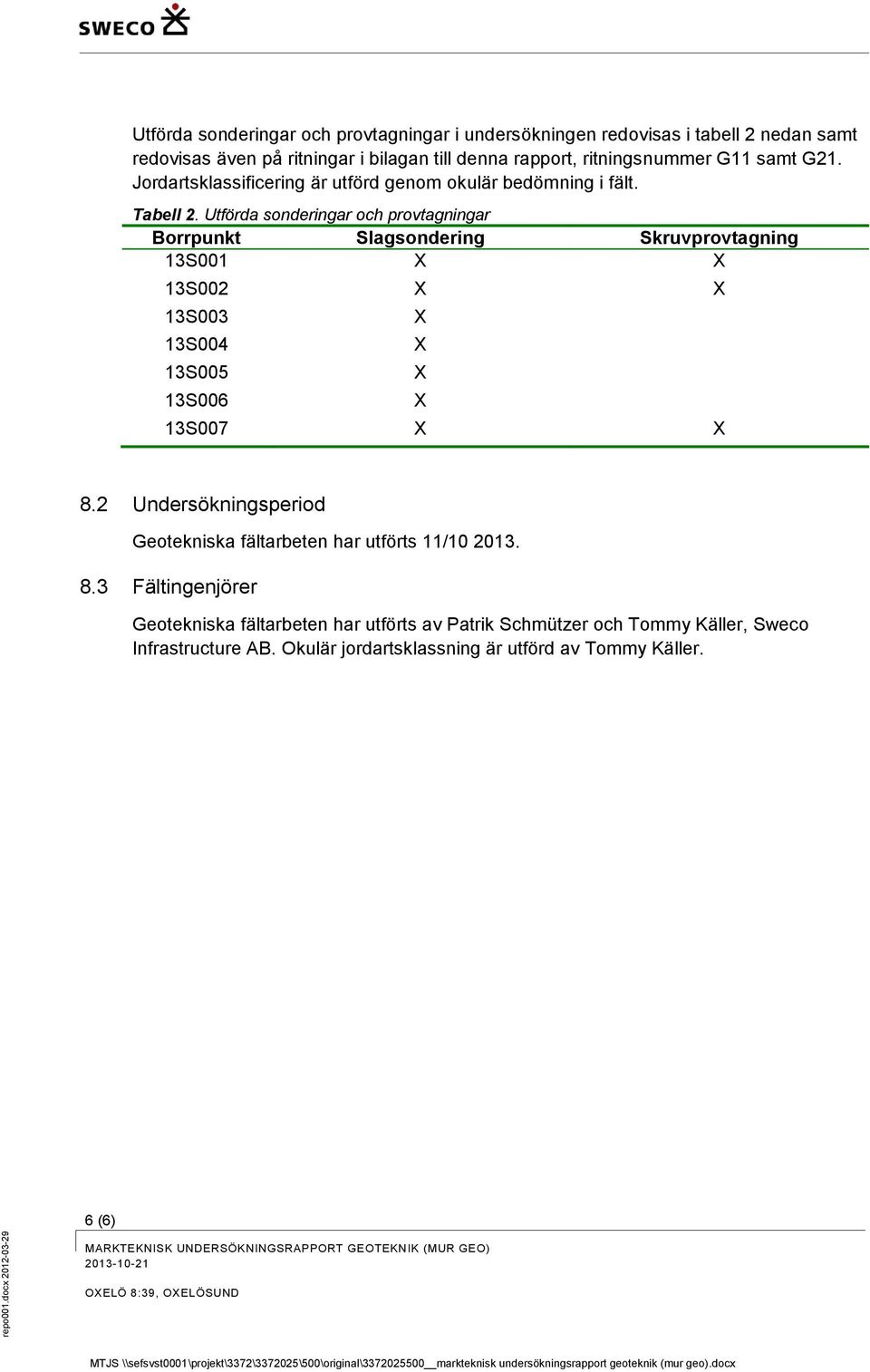 Utförda sonderingar och provtagningar Borrpunkt Slagsondering Skruvprovtagning 13S001 X X 13S002 X X 13S003 13S004 13S005 13S006 X X X X 13S007 X X 8.