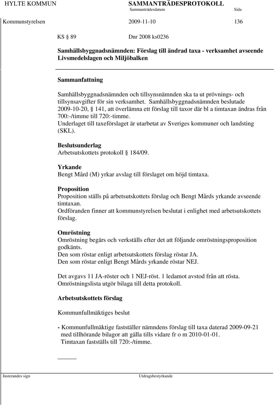 Samhällsbyggnadsnämnden beslutade 2009-10-20, 141, att överlämna ett förslag till taxor där bl a timtaxan ändras från 700:-/timme till 720:-timme.