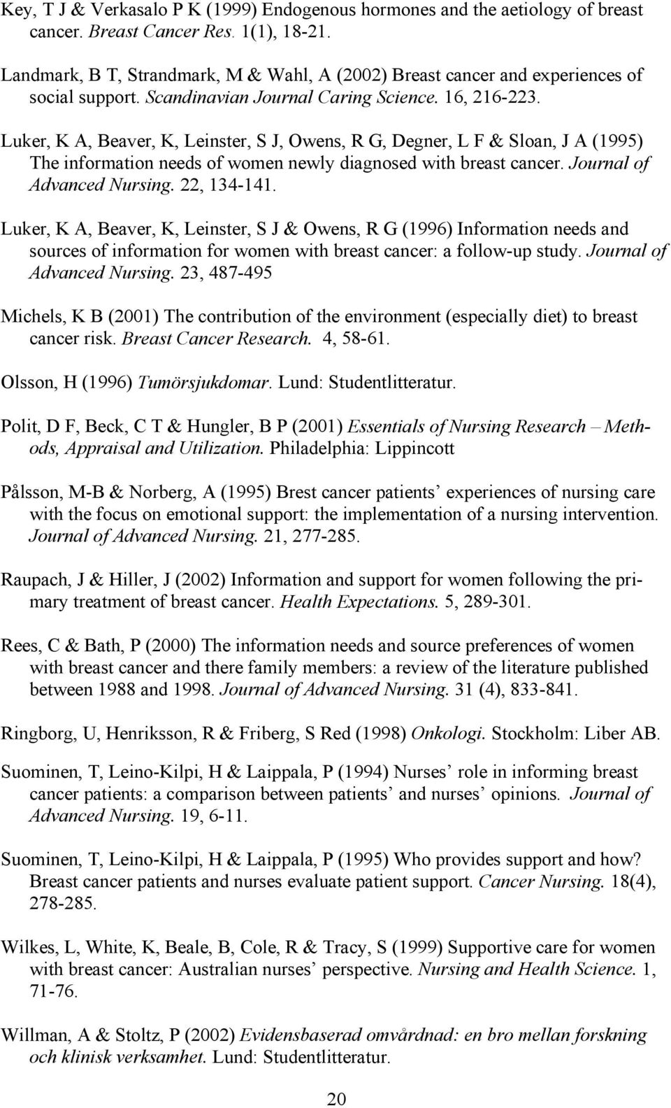 Luker, K A, Beaver, K, Leinster, S J, Owens, R G, Degner, L F & Sloan, J A (1995) The information needs of women newly diagnosed with breast cancer. Journal of Advanced Nursing. 22, 14-141.