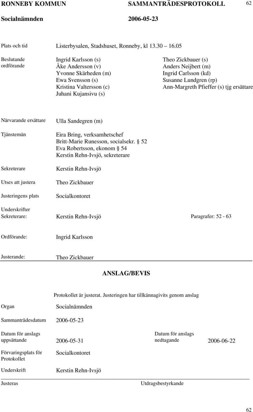 Carlsson (kd) Susanne Lundgren (rp) Ann-Margreth Pfieffer (s) tjg ersättare Närvarande ersättare Tjänstemän Sekreterare Utses att justera Justeringens plats Ulla Sandegren (m) Eira Bring,