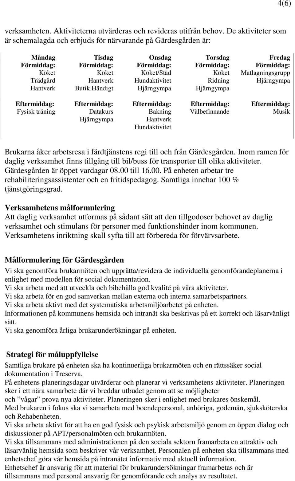 Köket Ridning Matlagningsgrupp Fysisk träning Datakurs Bakning Hantverk Hundaktivitet Välbefinnande Musik Brukarna åker arbetsresa i färdtjänstens regi till och från Gärdesgården.