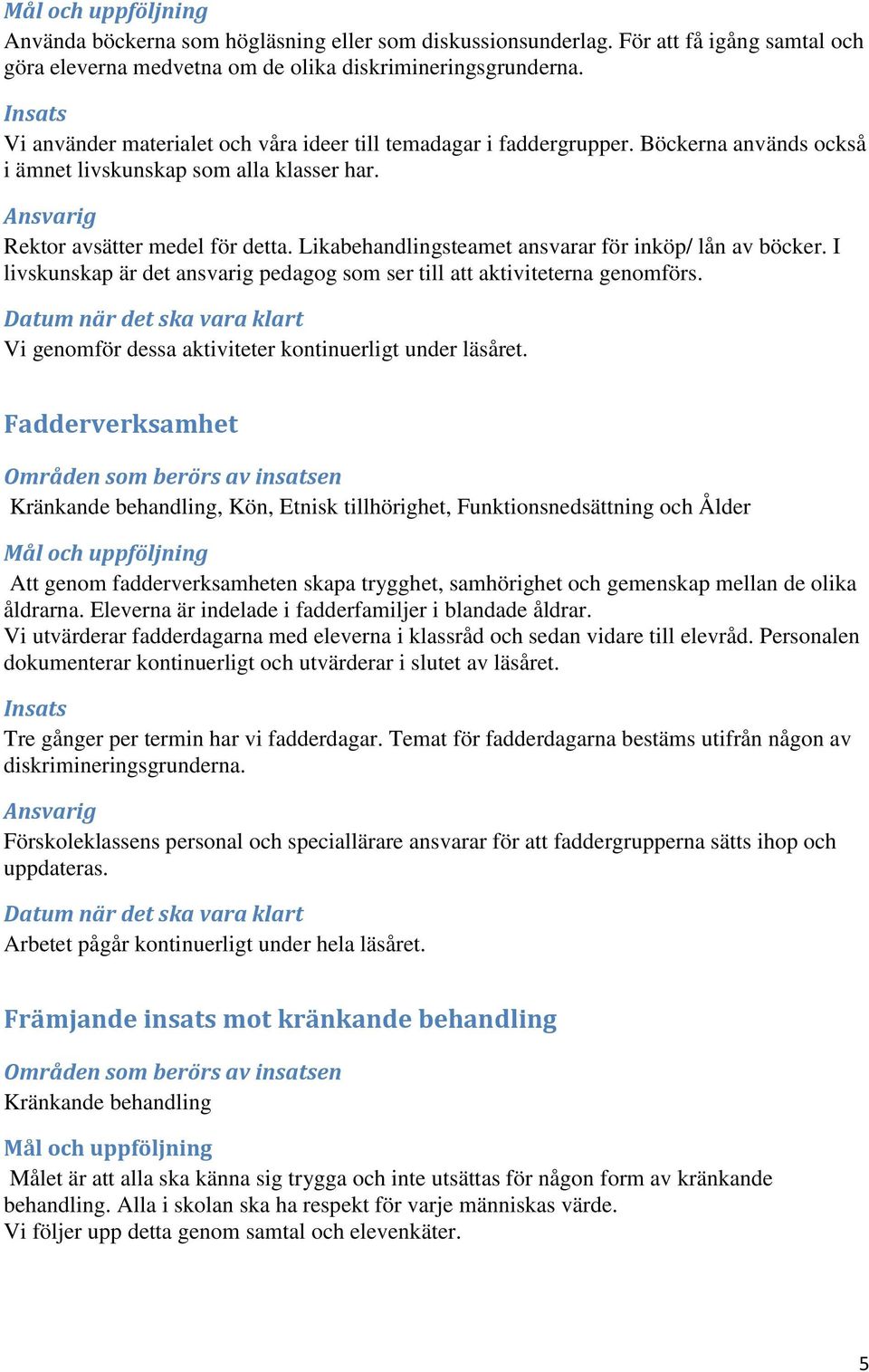 Likabehandlingsteamet ansvarar för inköp/ lån av böcker. I livskunskap är det ansvarig pedagog som ser till att aktiviteterna genomförs. Vi genomför dessa aktiviteter kontinuerligt under läsåret.