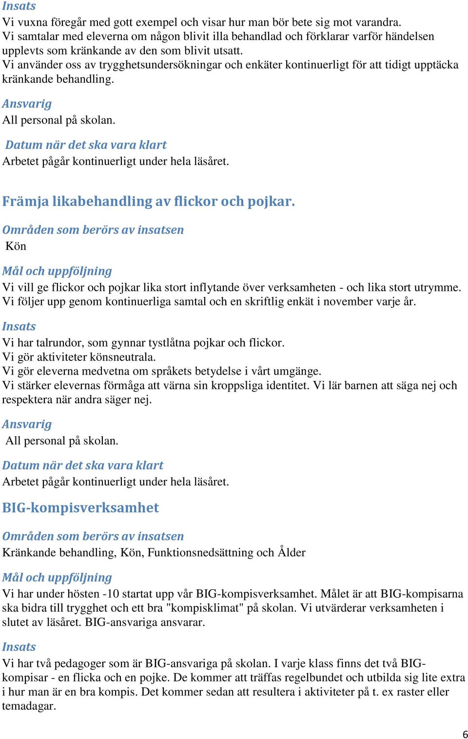 Vi använder oss av trygghetsundersökningar och enkäter kontinuerligt för att tidigt upptäcka kränkande behandling. All personal på skolan. Arbetet pågår kontinuerligt under hela läsåret.