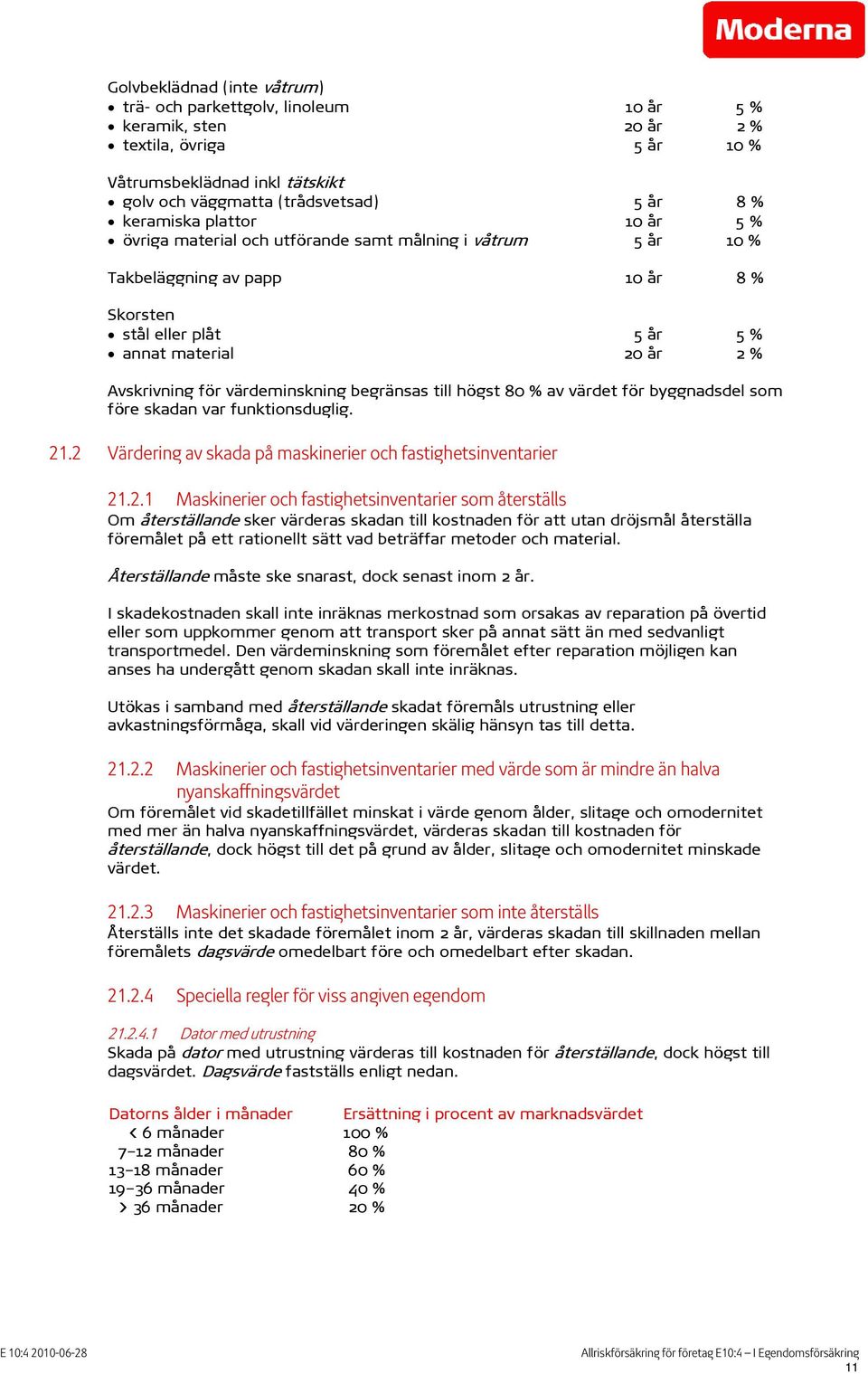 värdeminskning begränsas till högst 80 % av värdet för byggnadsdel som före skadan var funktionsduglig. 21