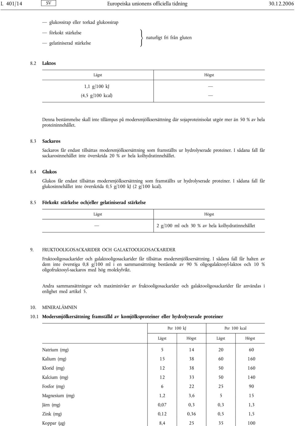 3 Sackaros Sackaros får endast tillsättas modersmjölksersättning som framställts ur hydrolyserade proteiner. I sådana fall får sackarosinnehållet inte överskrida 20 % av hela kolhydratinnehållet. 8.