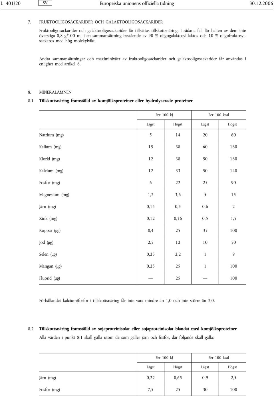 Andra sammansättningar och maximinivåer av fruktooligosackarider och galaktooligosackarider får användas i enlighet med artikel 6. 8. MINERALÄMNEN 8.