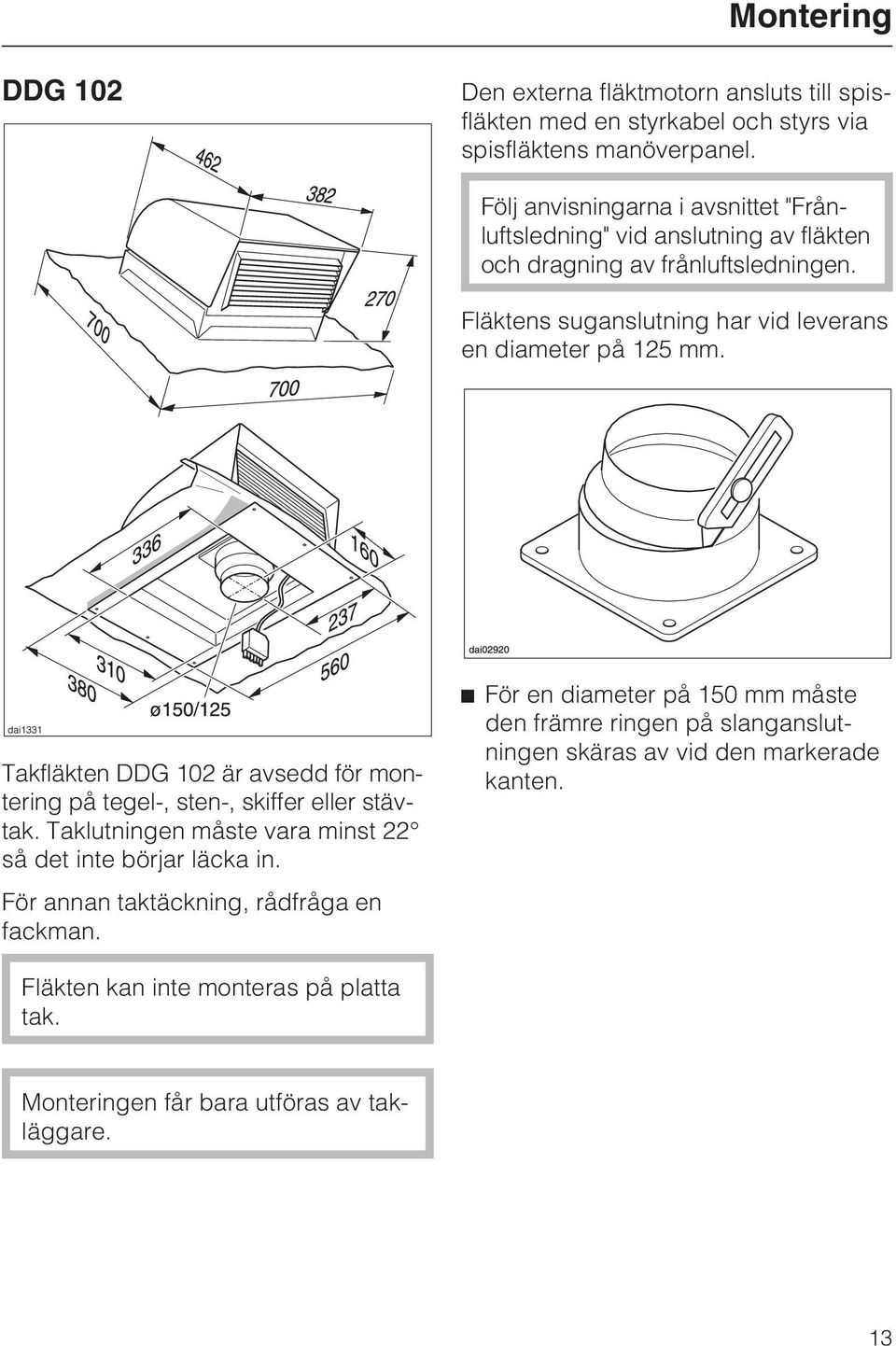 Fläktens suganslutning har vid leverans en diameter på 125 mm. Takfläkten DDG 102 är avsedd för montering på tegel-, sten-, skiffer eller stävtak.