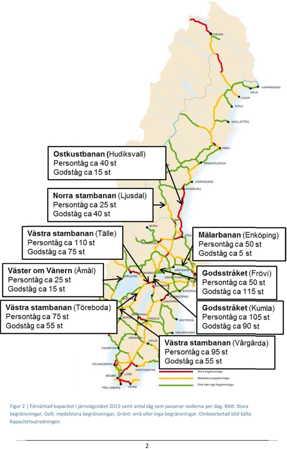 Rött: Stora begränsningar, Gult: medelstora begränsningar,