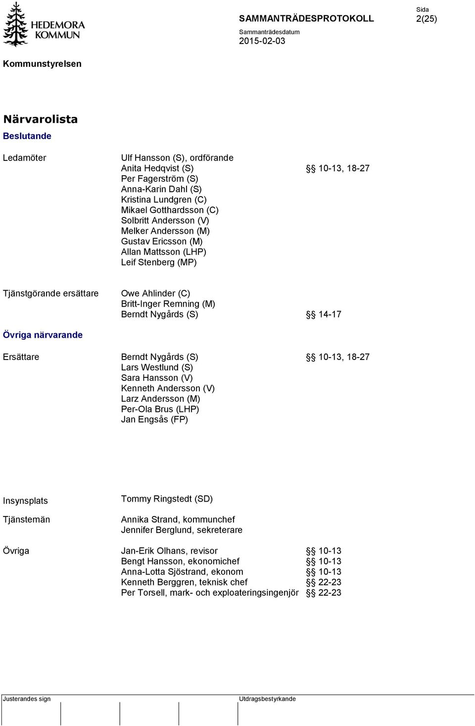 närvarande Ersättare Berndt Nygårds (S) 10-13, 18-27 Lars Westlund (S) Sara Hansson (V) Kenneth Andersson (V) Larz Andersson (M) Per-Ola Brus (LHP) Jan Engsås (FP) Insynsplats Tjänstemän Tommy