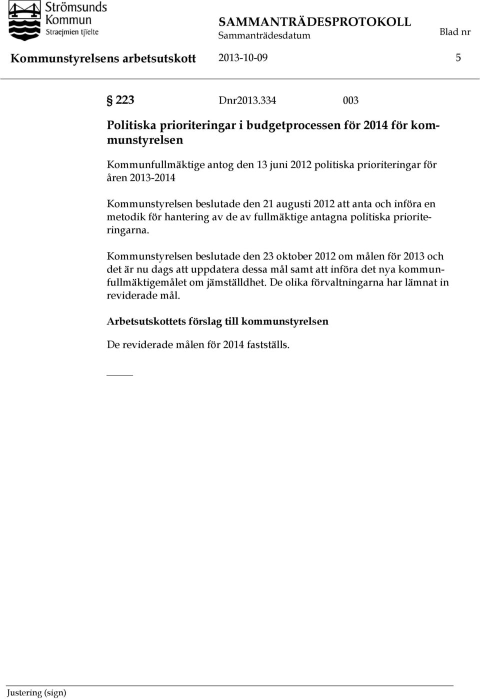 beslutade den 21 augusti 2012 att anta och införa en metodik för hantering av de av fullmäktige antagna politiska prioriteringarna.