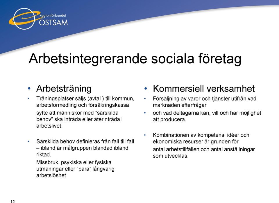 Missbruk, psykiska eller fysiska utmaningar eller bara långvarig arbetslöshet Kommersiell verksamhet Försäljning av varor och tjänster utifrån vad marknaden efterfrågar