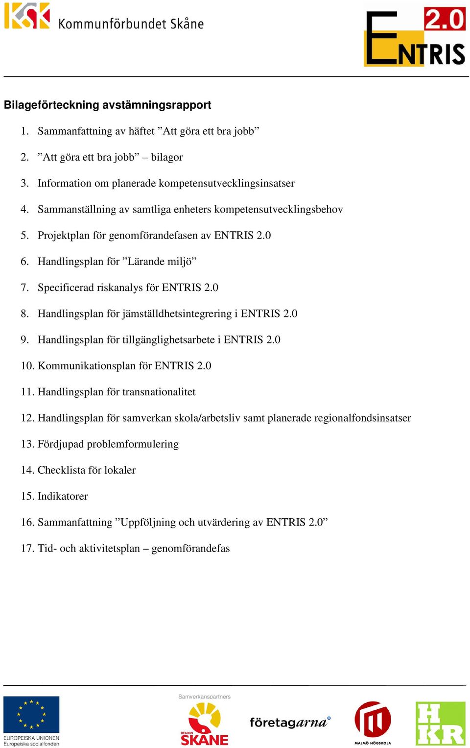 Handlingsplan för jämställdhetsintegrering i ENTRIS 2.0 9. Handlingsplan för tillgänglighetsarbete i ENTRIS 2.0 10. Kommunikationsplan för ENTRIS 2.0 11. Handlingsplan för transnationalitet 12.