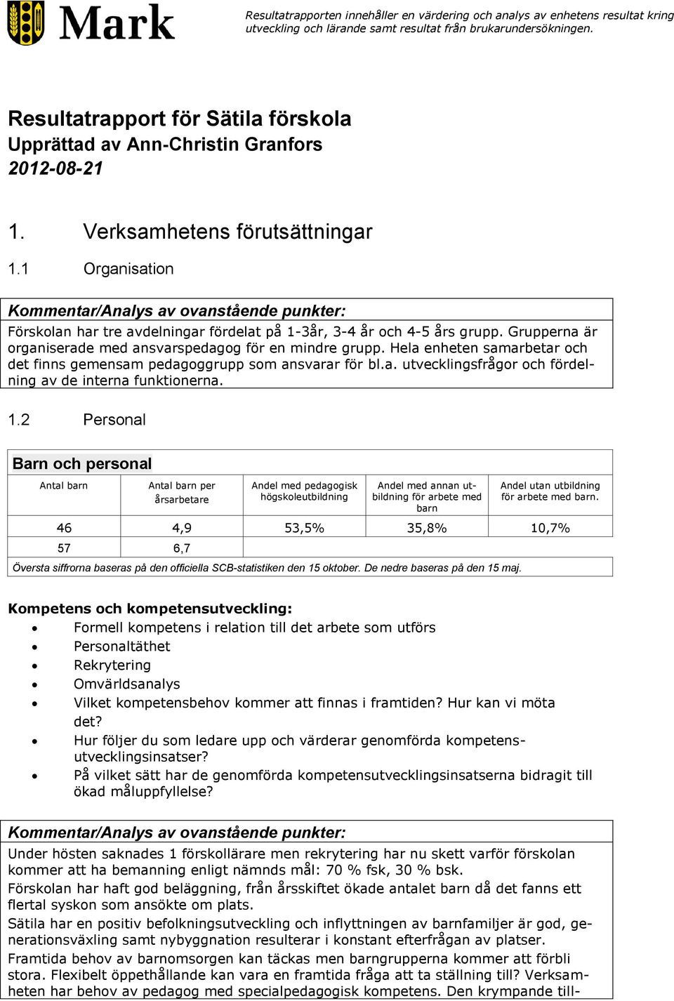 1 Organisation Kommentar/Analys av ovanstående punkter: Förskolan har tre avdelningar fördelat på 1-3år, 3-4 år och 4-5 års grupp. Grupperna är organiserade med ansvarspedagog för en mindre grupp.