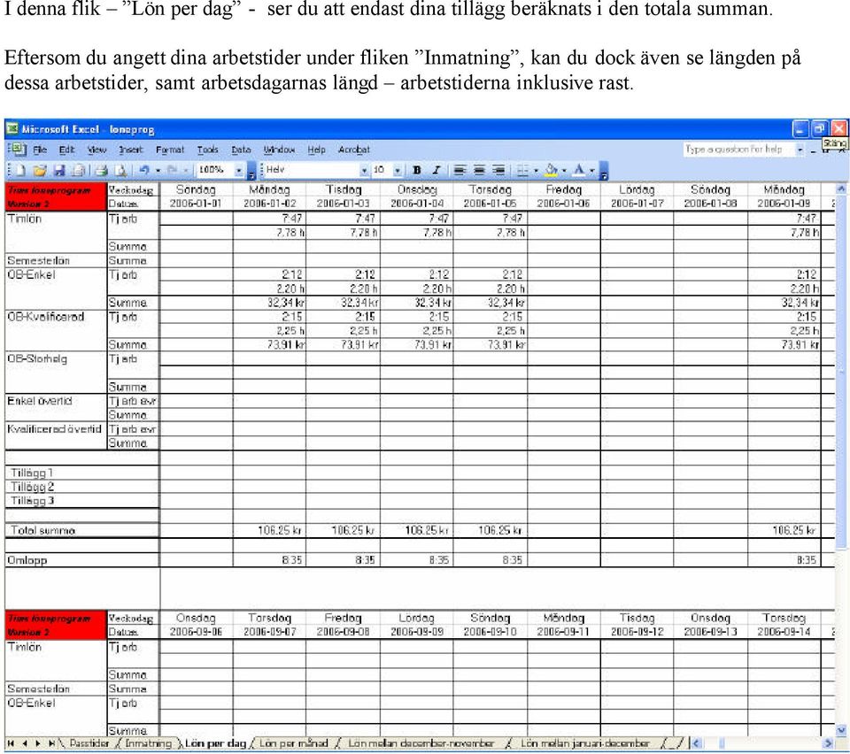 Eftersom du angett dina arbetstider under fliken Inmatning, kan