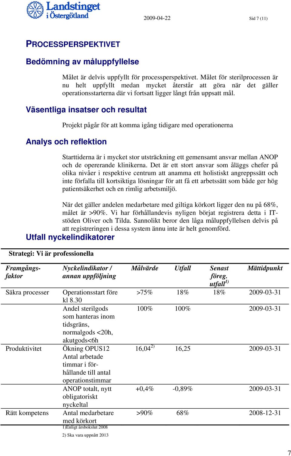 Väsentliga insatser och resultat Projekt pågår för att komma igång tidigare med operationerna Analys och reflektion Starttiderna är i mycket stor utsträckning ett gemensamt ansvar mellan ANOP och de