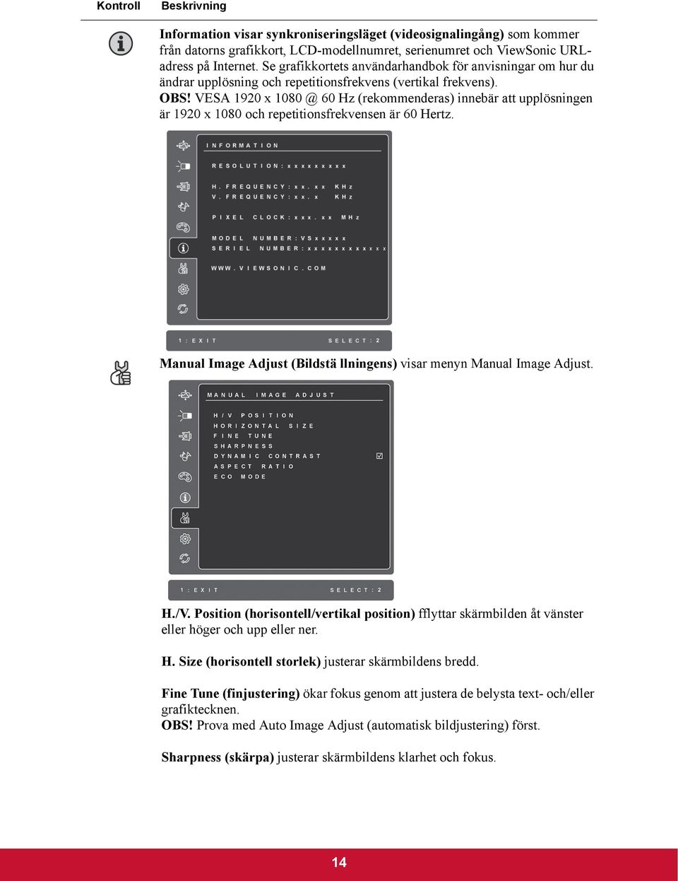 VESA 1920 x 1080 @ 60 Hz (rekommenderas) innebär att upplösningen är 1920 x 1080 och repetitionsfrekvensen är 60 Hertz. Manual Image Adjust (Bildstä llningens) visar menyn Manual Image Adjust. H./V.