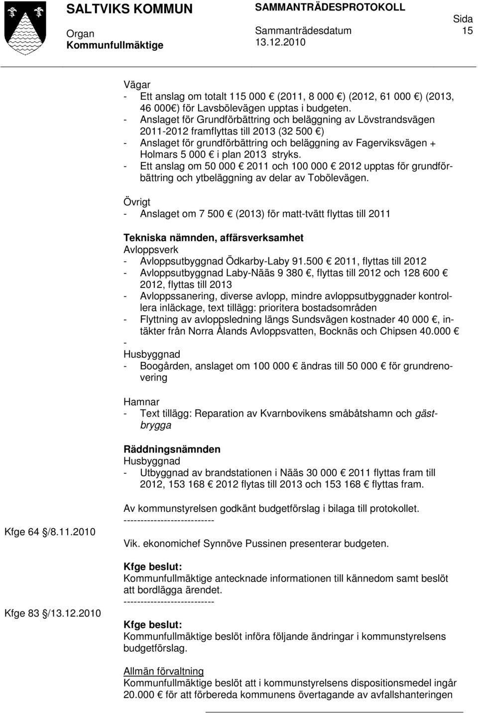 2013 stryks. - Ett anslag om 50 000 2011 och 100 000 2012 upptas för grundförbättring och ytbeläggning av delar av Tobölevägen.