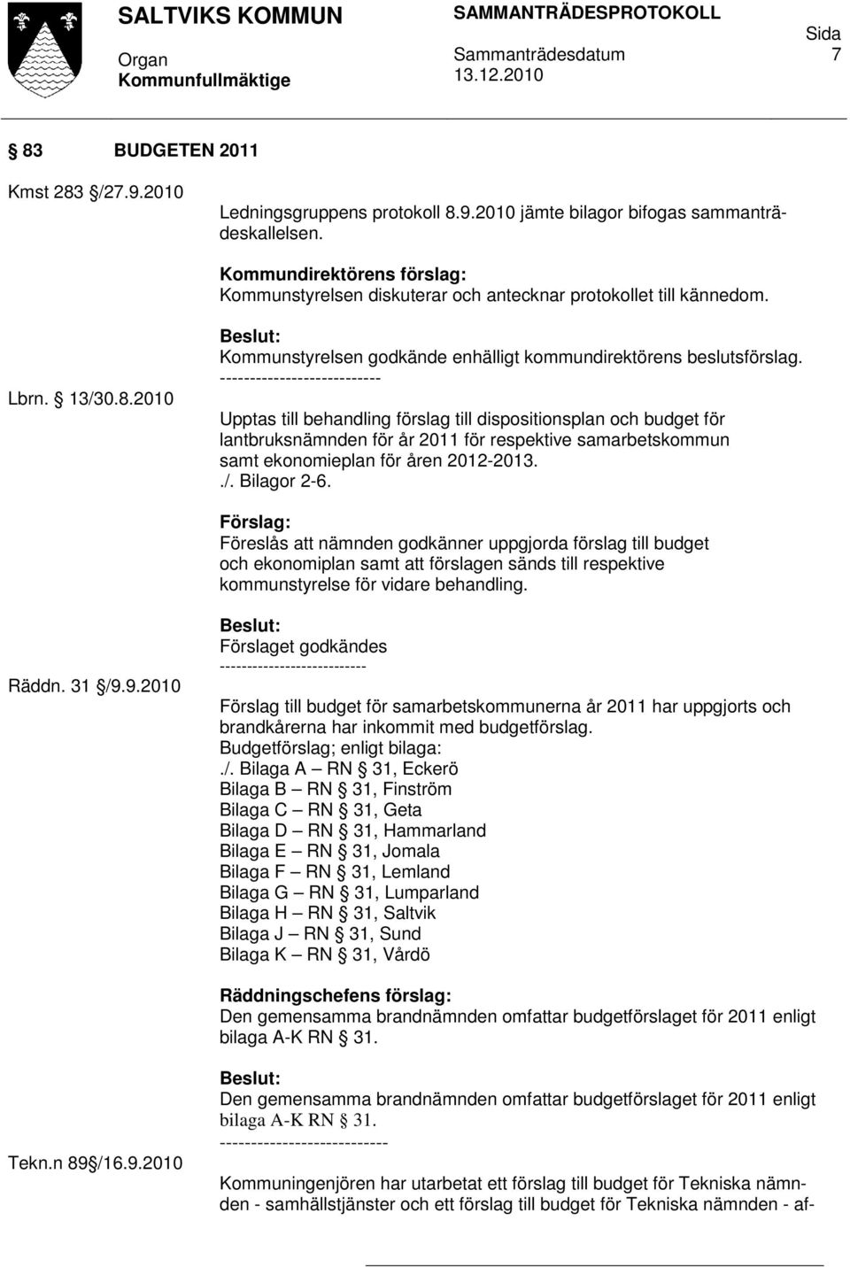 Upptas till behandling förslag till dispositionsplan och budget för lantbruksnämnden för år 2011 för respektive samarbetskommun samt ekonomieplan för åren 2012-2013../. Bilagor 2-6.