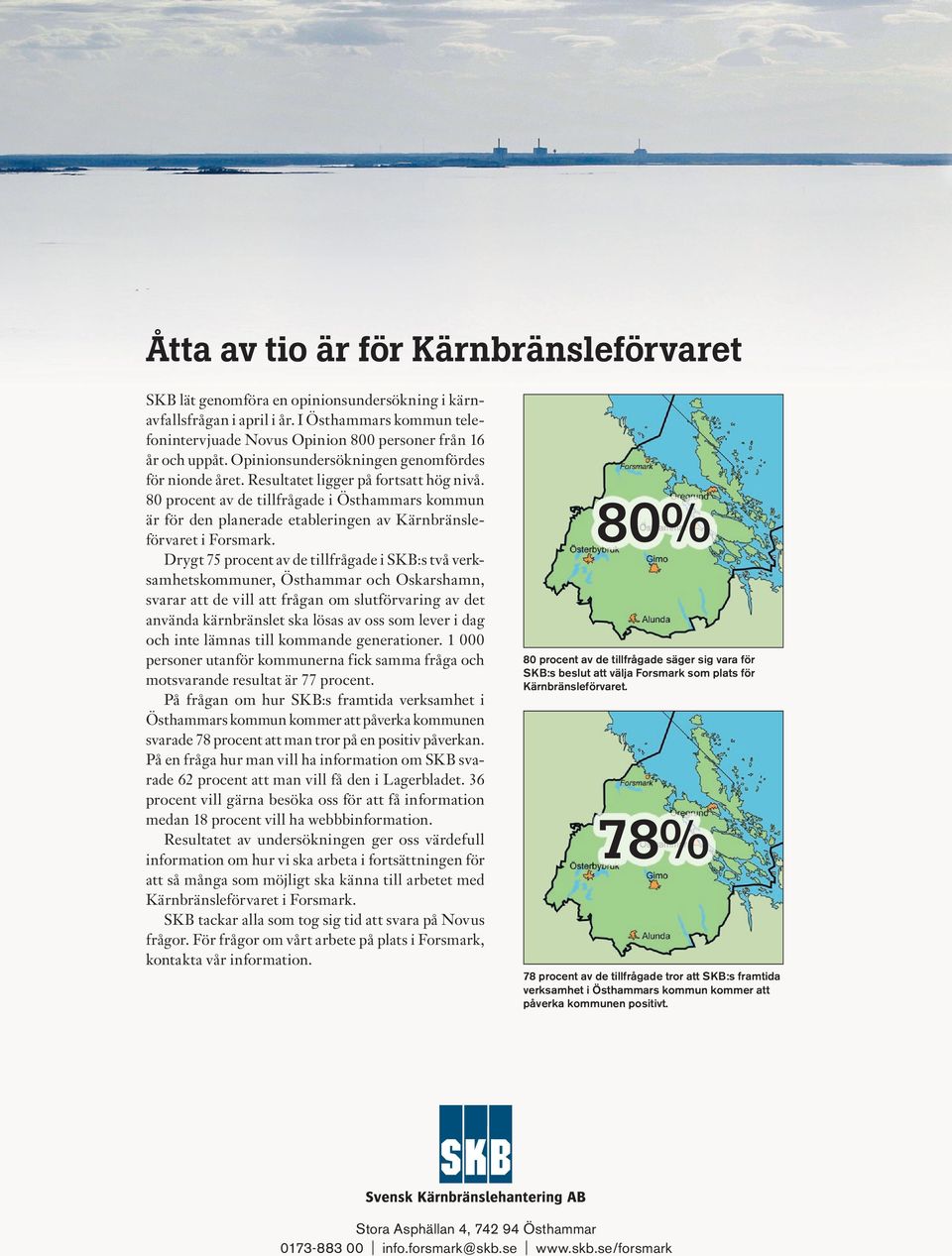 80 procent av de tillfrågade i Östhammars kommun är för den planerade etableringen av Kärnbränsleförvaret i Forsmark.