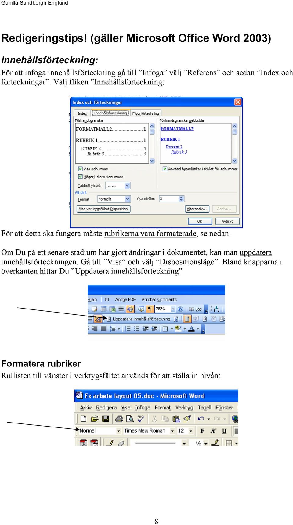 förteckningar. Välj fliken Innehållsförteckning: För att detta ska fungera måste rubrikerna vara formaterade, se nedan.