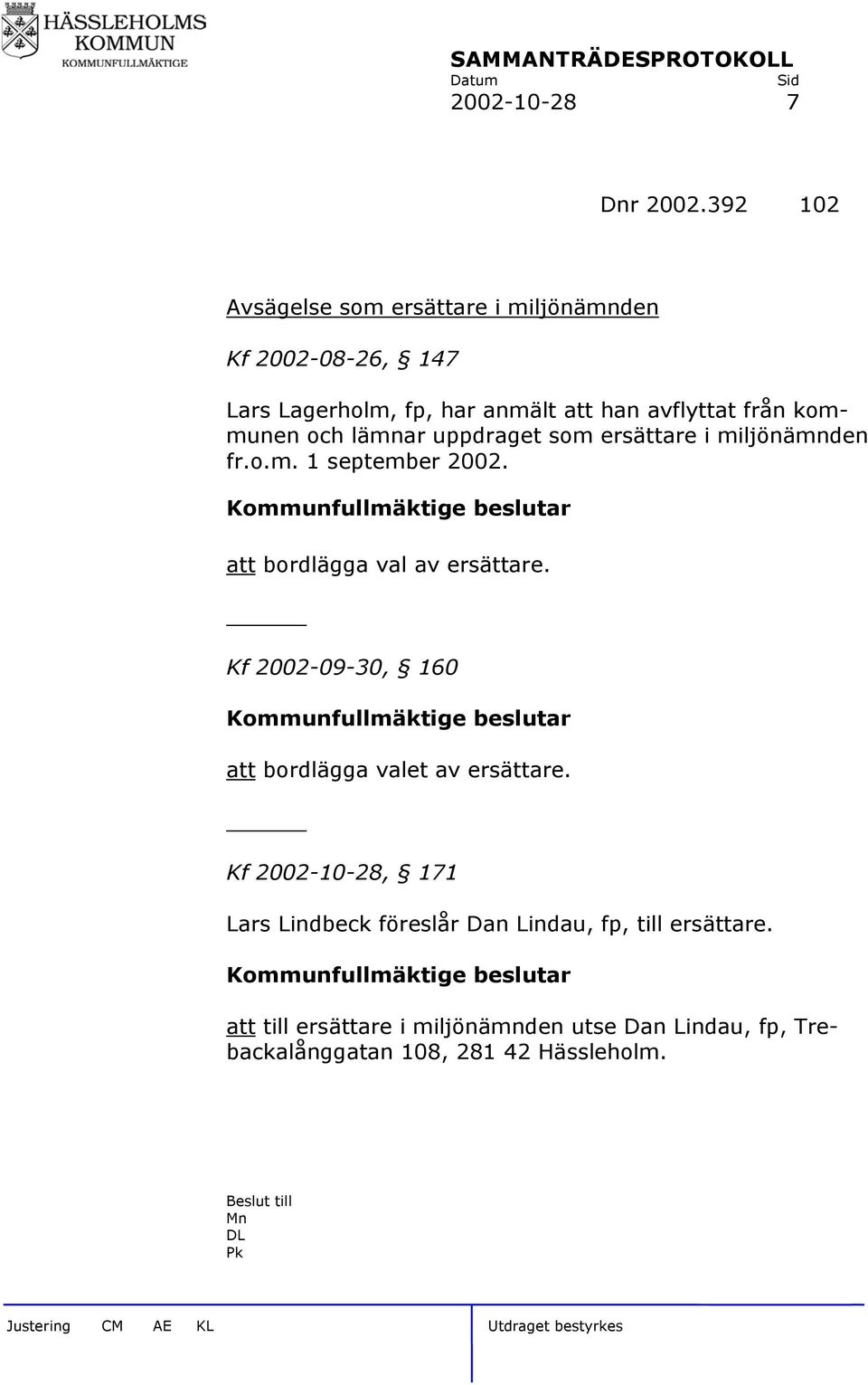 uppdraget som ersättare i miljönämnden fr.o.m. 1 september 2002. Kommunfullmäktige beslutar att bordlägga val av ersättare.