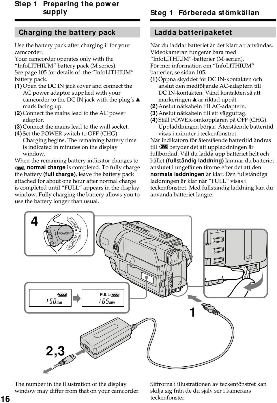 (1) Open the DC IN jack cover and connect the AC power adaptor supplied with your camcorder to the DC IN jack with the plug s v mark facing up. (2) Connect the mains lead to the AC power adaptor.