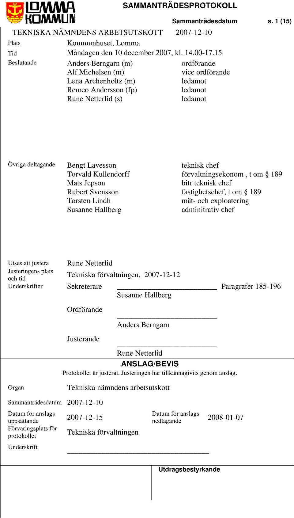 Torvald Kullendorff Mats Jepson Rubert Svensson Torsten Lindh Susanne Hallberg teknisk chef förvaltningsekonom, t om 189 bitr teknisk chef fastighetschef, t om 189 mät- och exploatering adminitrativ