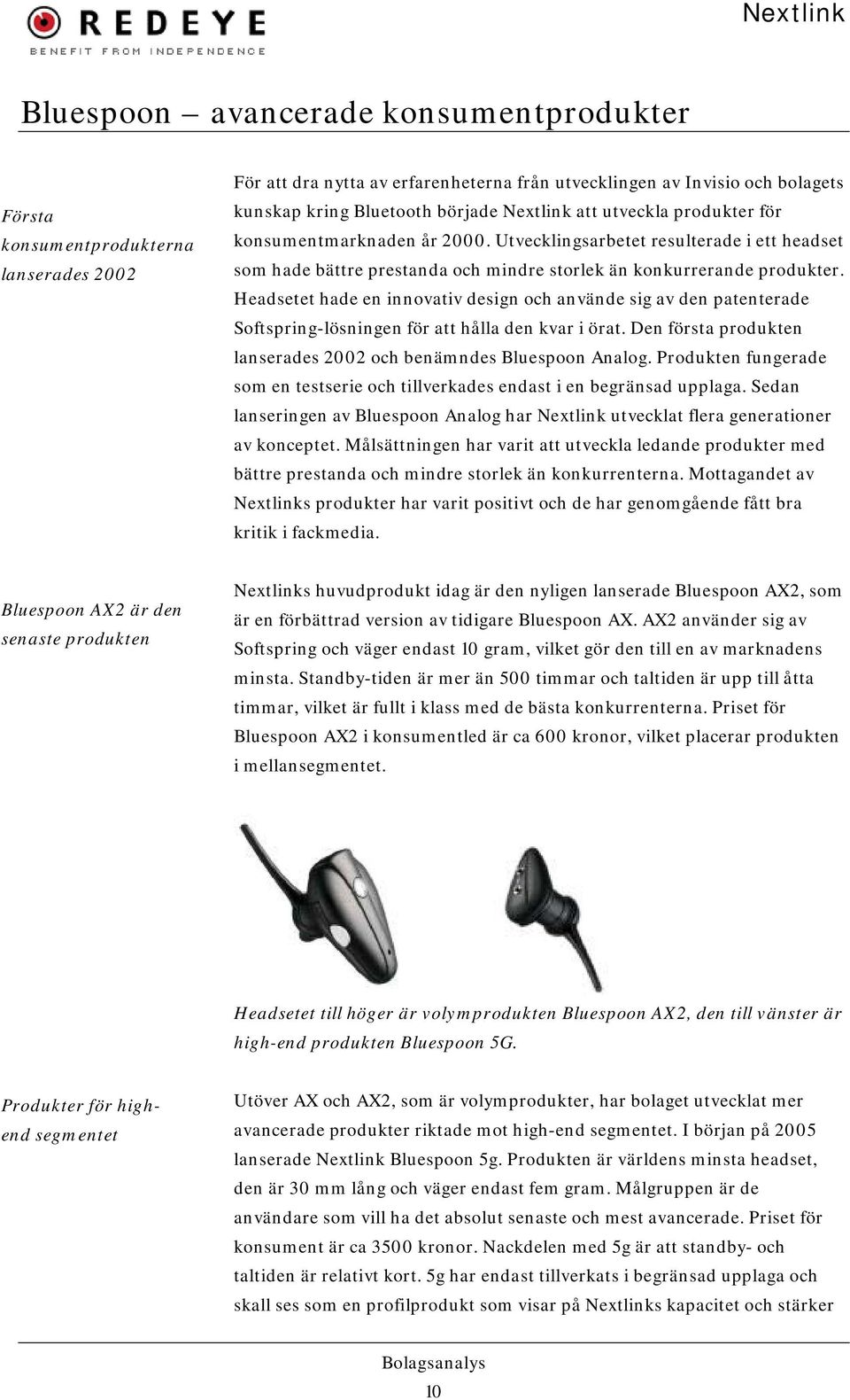 Headsetet hade en innovativ design och använde sig av den patenterade Softspring-lösningen för att hålla den kvar i örat. Den första produkten lanserades 2002 och benämndes Bluespoon Analog.