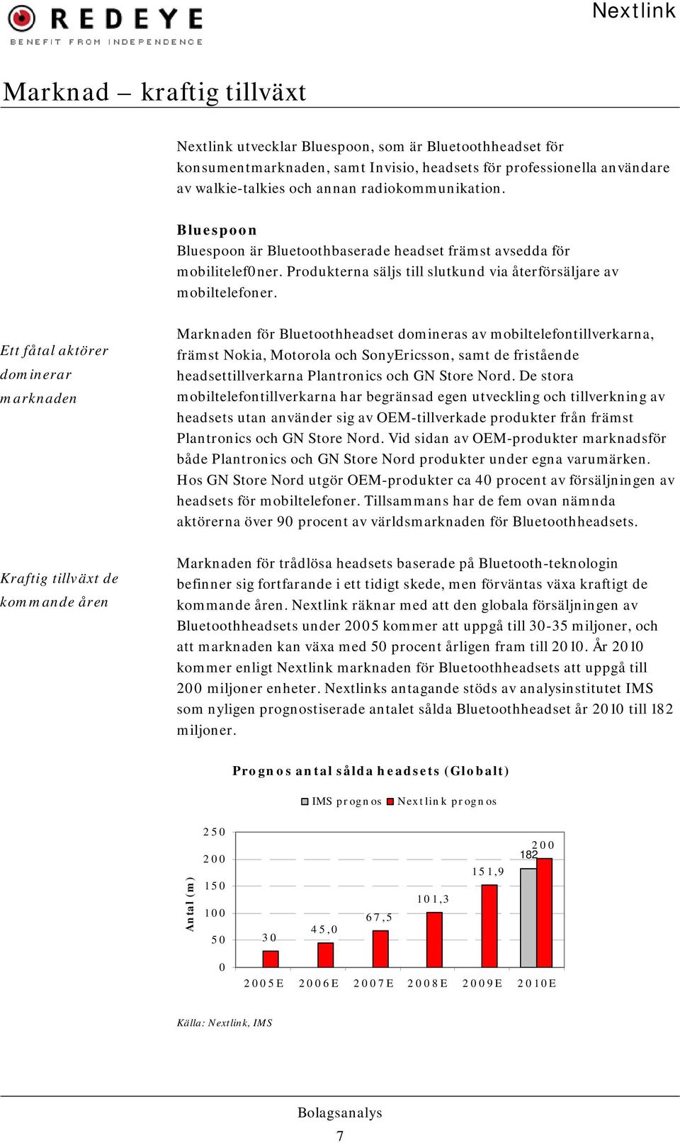 Ett fåtal aktörer dominerar marknaden Marknaden för Bluetoothheadset domineras av mobiltelefontillverkarna, främst Nokia, Motorola och SonyEricsson, samt de fristående headsettillverkarna Plantronics