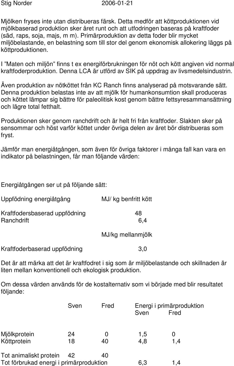 I Maten och miljön finns t ex energiförbrukningen för nöt och kött angiven vid normal kraftfoderproduktion. Denna LCA är utförd av SIK på uppdrag av livsmedelsindustrin.