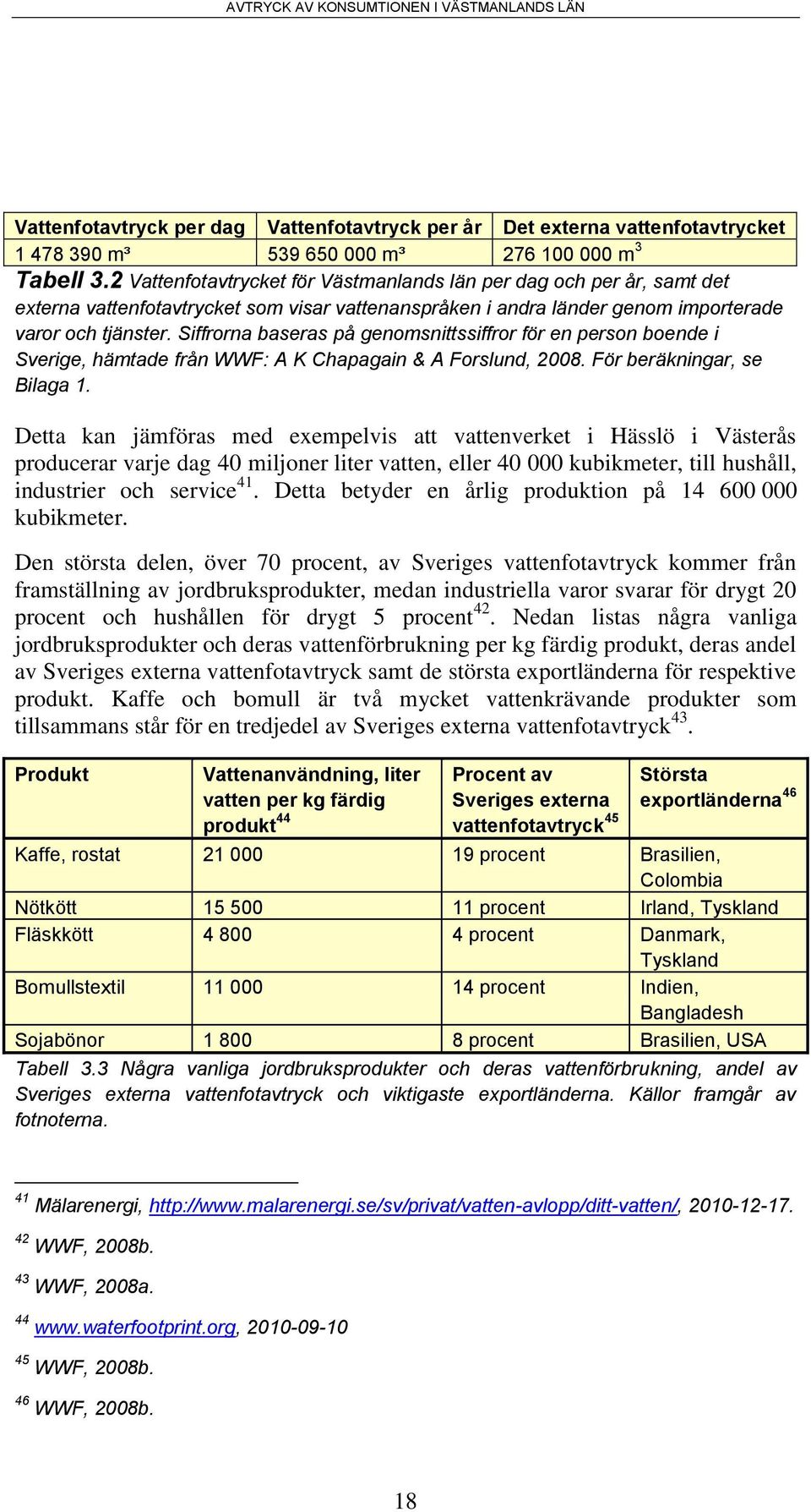 Siffrorna baseras på genomsnittssiffror för en person boende i Sverige, hämtade från WWF: A K Chapagain & A Forslund, 2008. För beräkningar, se Bilaga 1.