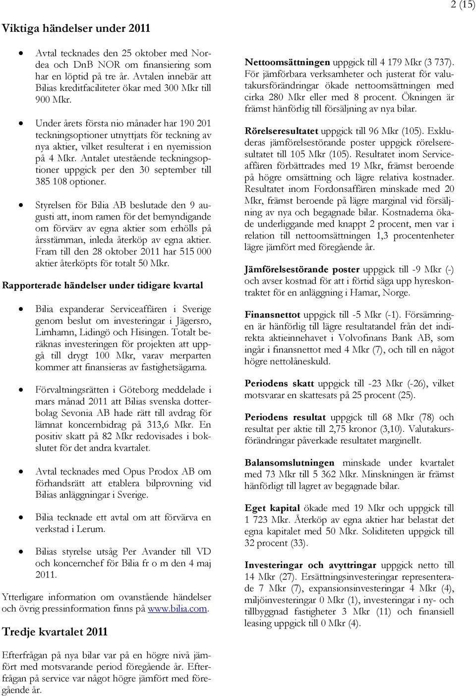 Under årets första nio månader har 19 21 teckningsoptioner utnyttjats för teckning av nya aktier, vilket resulterat i en nyemission på 4 Mkr.