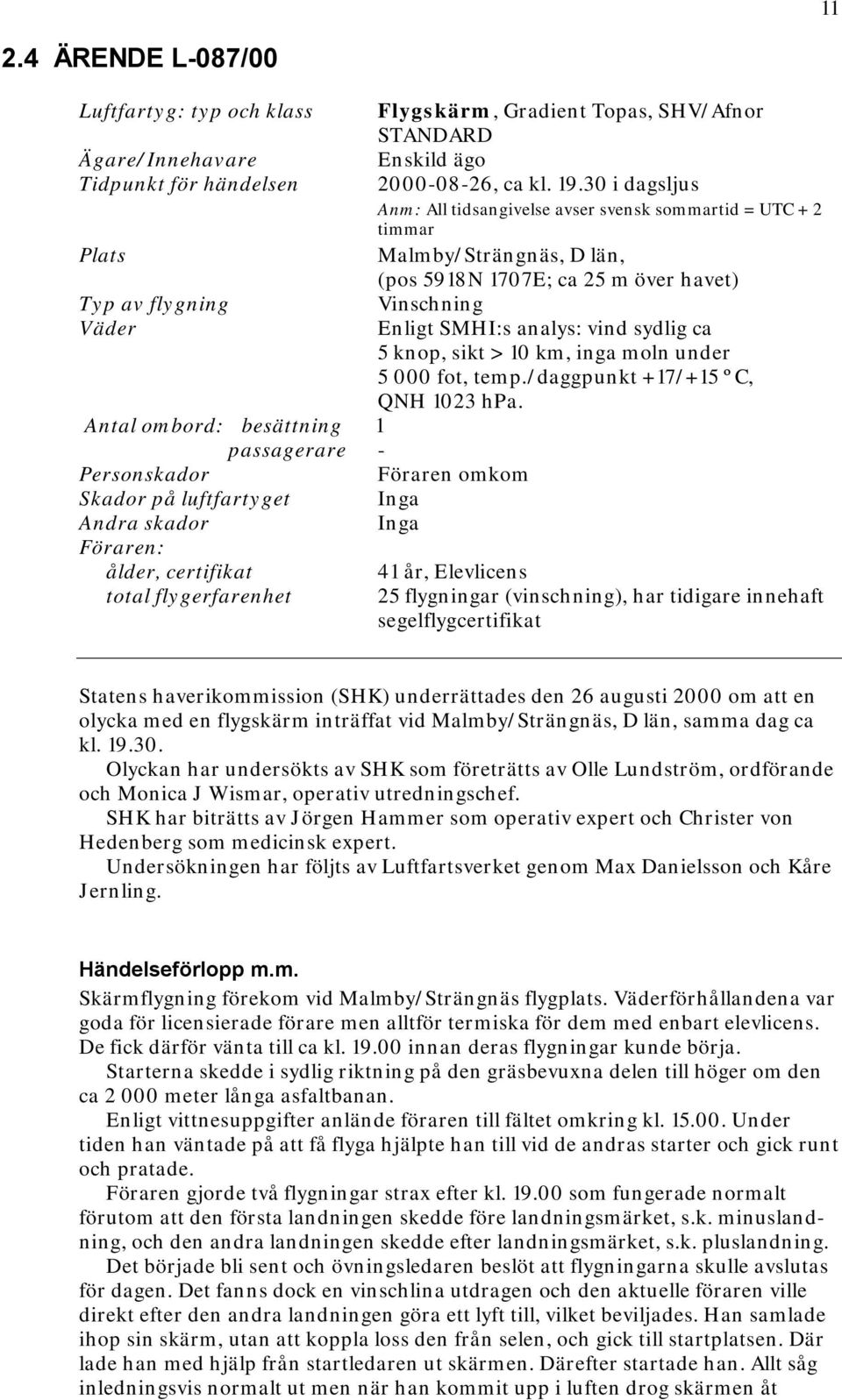 analys: vind sydlig ca 5 knop, sikt > 10 km, inga moln under 5 000 fot, temp./daggpunkt +17/+15 ºC, QNH 1023 hpa.