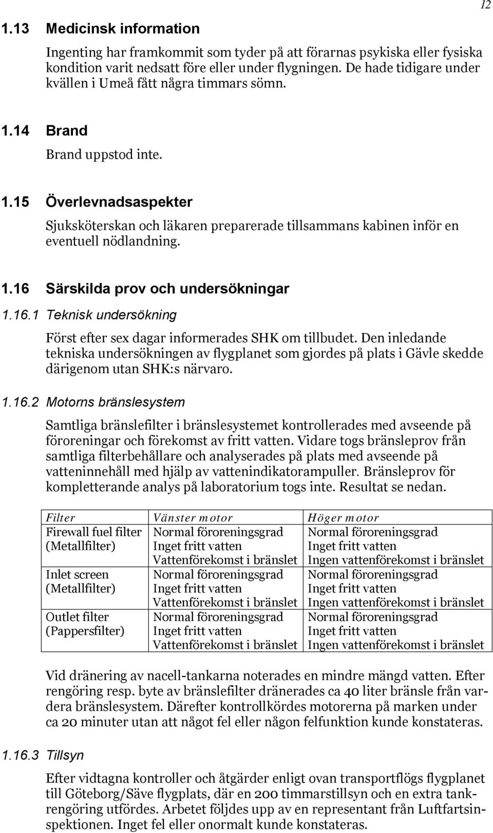 1.16 Särskilda prov och undersökningar 1.16.1 Teknisk undersökning Först efter sex dagar informerades SHK om tillbudet.