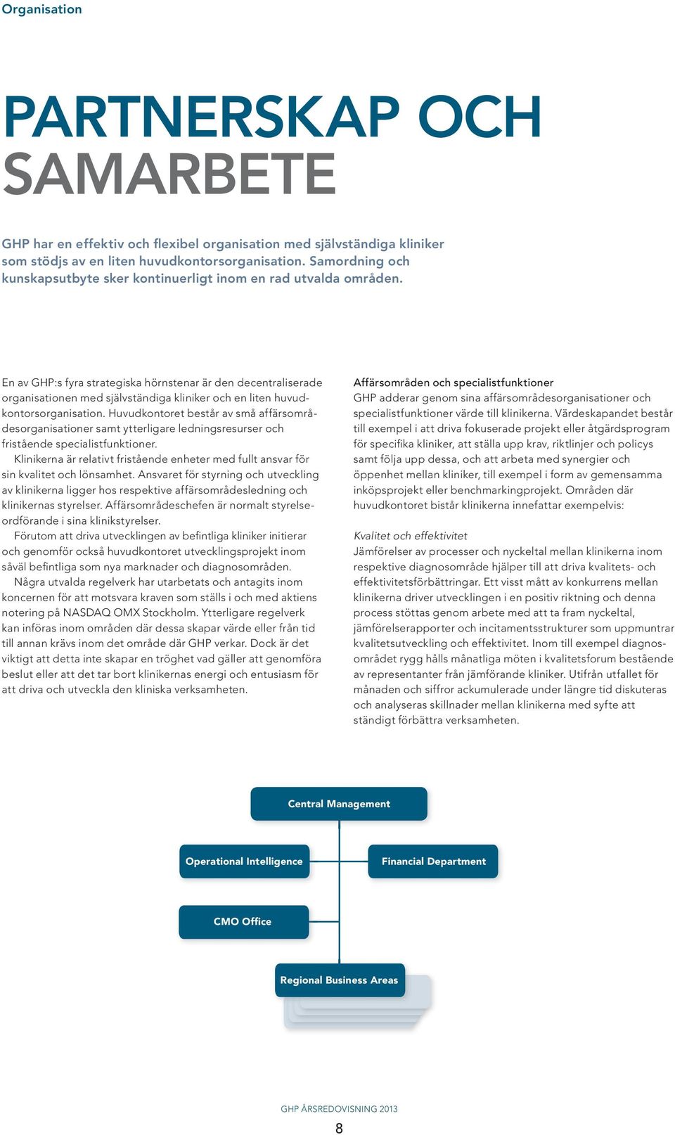 En av GHP:s fyra strategiska hörnstenar är den decentraliserade organisationen med självständiga kliniker och en liten huvudkontorsorganisation.