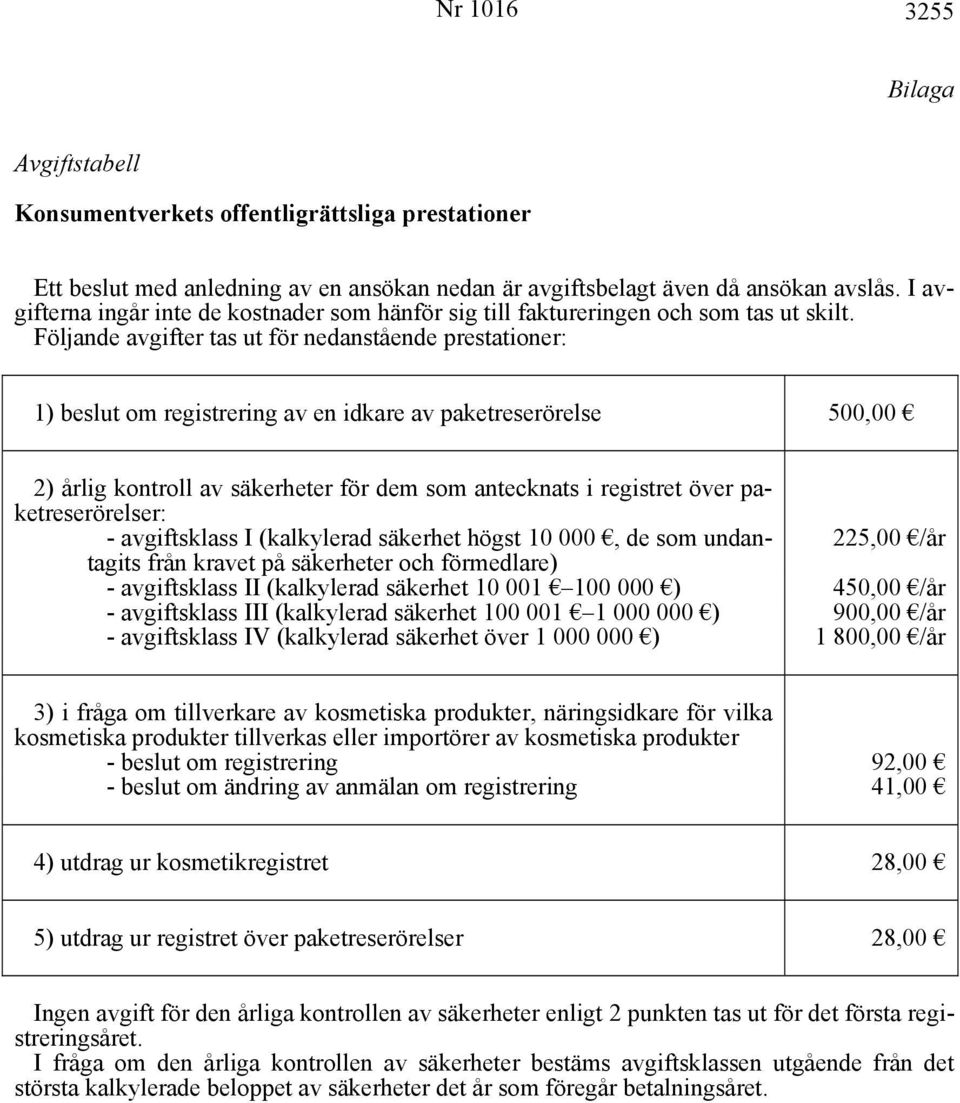 Följande avgifter tas ut för nedanstående prestationer: 1) beslut om registrering av en idkare av paketreserörelse 500,00 2) årlig kontroll av säkerheter för dem som antecknats i registret över