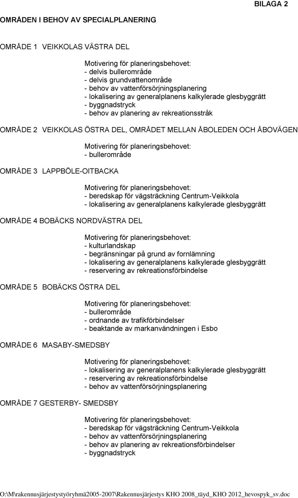 BOBÄCKS NORDVÄSTRA DEL OMRÅDE 5 BOBÄCKS ÖSTRA DEL OMRÅDE 6 MASABY-SMEDSBY OMRÅDE 7 GESTERBY- SMEDSBY - beredskap för vägsträckning Centrum-Veikkola - lokalisering av generalplanens kalkylerade