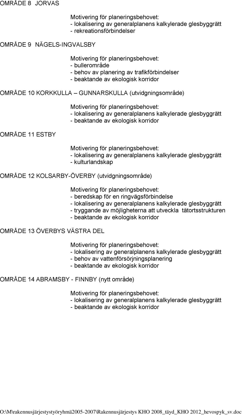 generalplanens kalkylerade glesbyggrätt - kulturlandskap OMRÅDE 12 KOLSARBY-ÖVERBY (utvidgningsområde) OMRÅDE 13 ÖVERBYS VÄSTRA DEL OMRÅDE 14 ABRAMSBY - FINNBY (nytt område) - beredskap för en