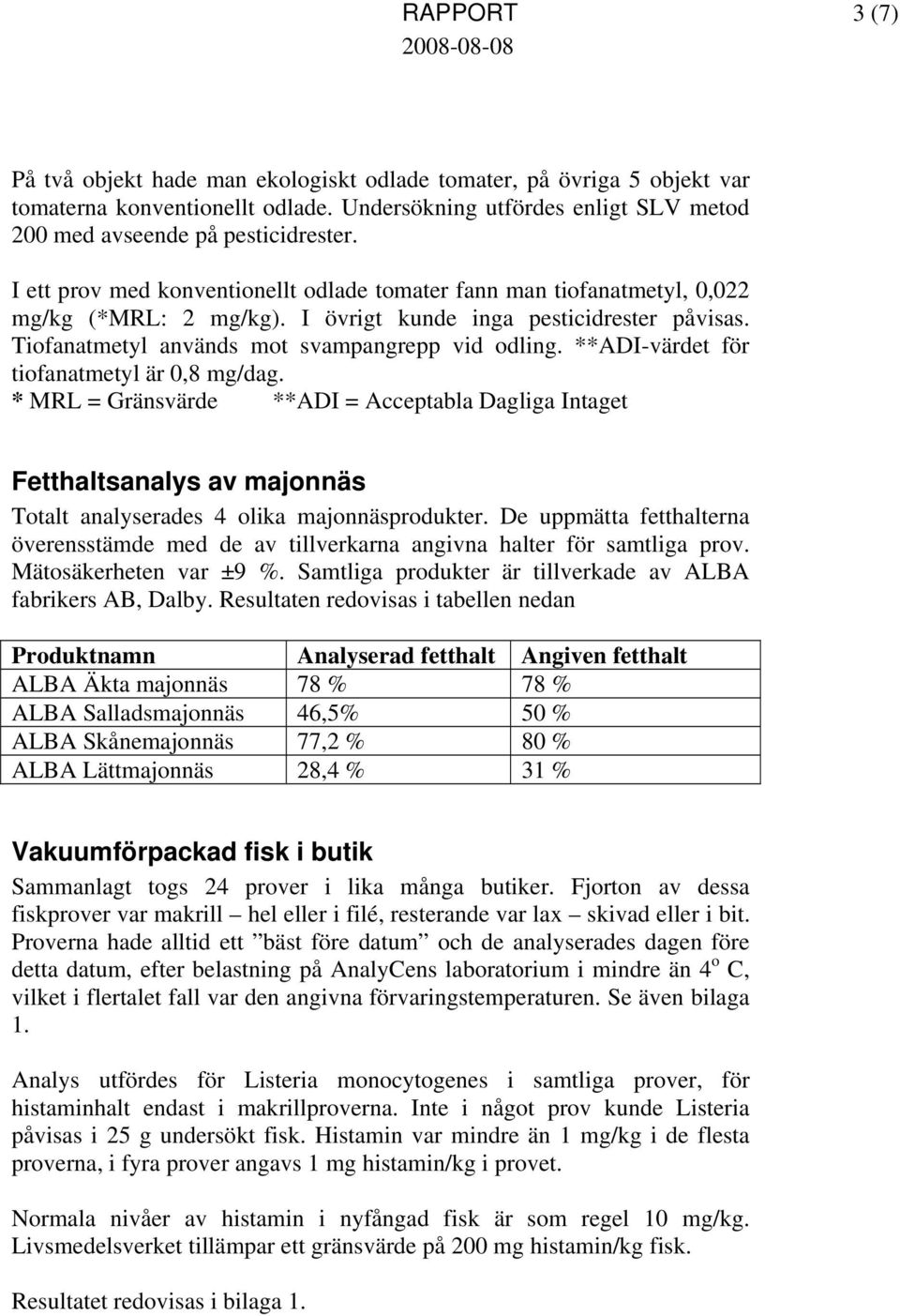 **ADI-värdet för tiofanatmetyl är 0,8 mg/dag. * MRL = Gränsvärde **ADI = Acceptabla Dagliga Intaget Fetthaltsanalys av majonnäs Totalt analyserades 4 olika majonnäsprodukter.