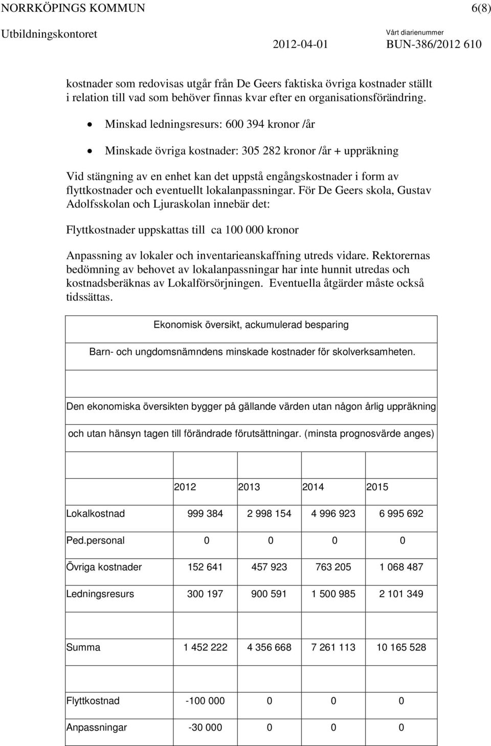 lokalanpassningar. För De Geers skola, Gustav Adolfsskolan och Ljuraskolan innebär det: Flyttkostnader uppskattas till ca 100 000 kronor Anpassning av lokaler och inventarieanskaffning utreds vidare.