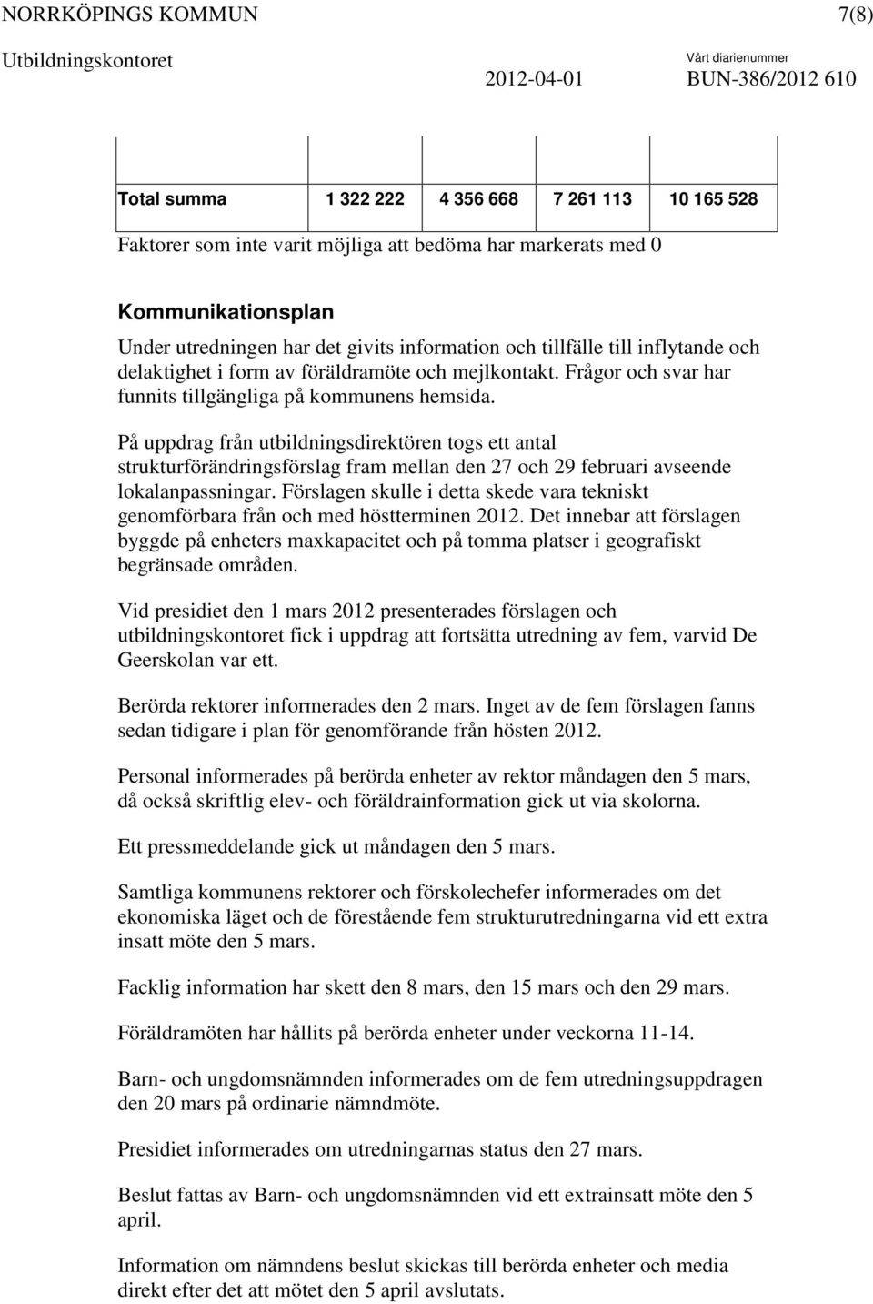 På uppdrag från utbildningsdirektören togs ett antal strukturförändringsförslag fram mellan den 27 och 29 februari avseende lokalanpassningar.