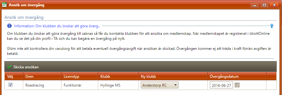 Förare: Begär övergång Innan en övergång kan begäras i Svemo TA måste du kontakta klubben som du vill ändra ditt huvudmedlemskap TILL, så att ditt medlemskap hos dem finns registrerat i IdrottOnline.