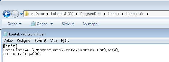 Installation av Kontek Lön vid datorbyte 8 (10) Behöver ni byta sökvägen i efterhand, öppna ini-filen och ändra sökvägen till