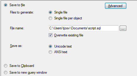 Scripta en databas (2 av 3) 3 Bestäm var o hur för scriptet. Under Advanced kan du detaljbestämma vad scriptet ska innehålla.