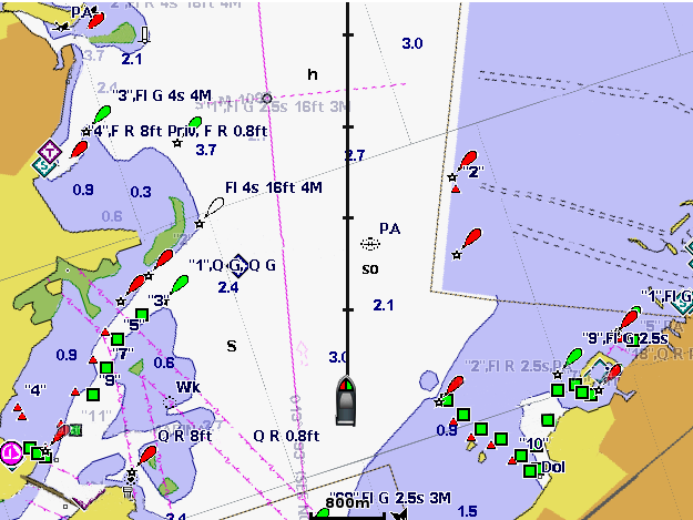Sjökort och 3D-sjökortsvyer Visa och konfigurera riktningslinjen Riktningslinjen är en förlängning som ritas på kartan från båtens bog i färdriktningen.