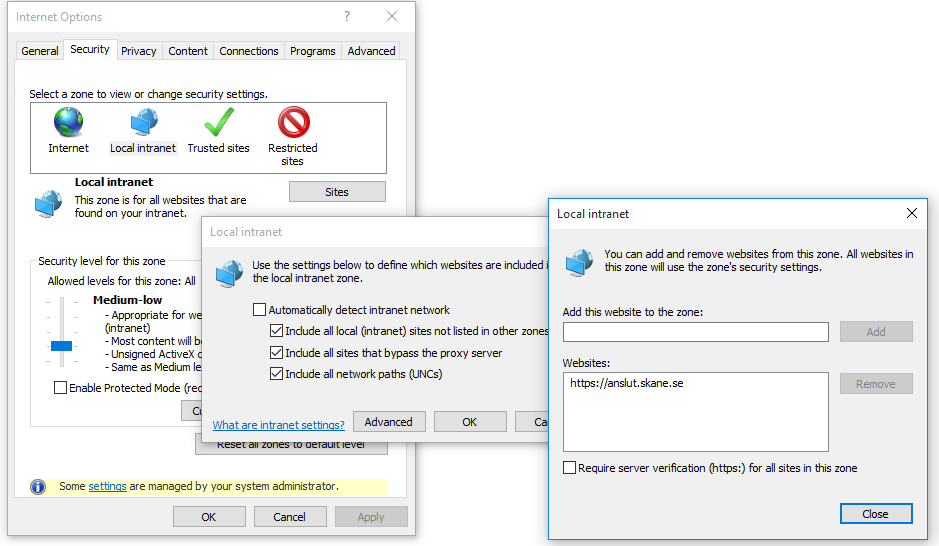 Notiser Internet Explorer inställningar Anslutningssidan till VDI (https://anslut.skane.se) bör läggas till i Internet Explorer Local intranet konfiguration.