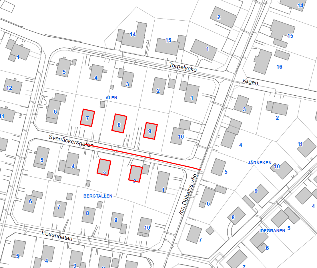 2.5 Fastigheterna Alen 7-9 och Bergtallen 2-3 Figur 9 Ledningssträcka 5 i Torsred (röd sträcka avser