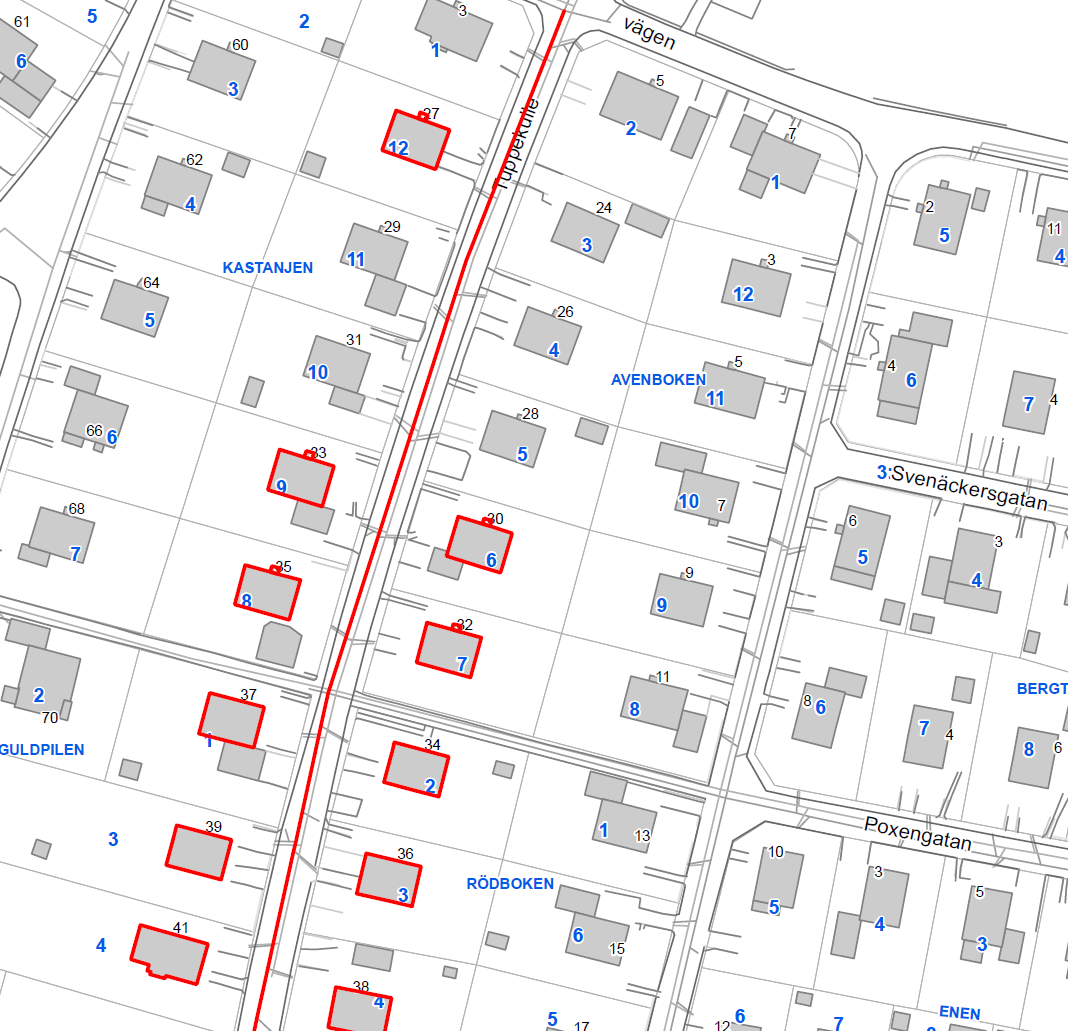 2.2 Fastigheterna Kastanjen 8, 9, 12, Avenboken 6, 7, Guldpilen 1, 3, 4 och Rödboken 2, 3, 4 Figur 3 Ledningssträcka 2 i